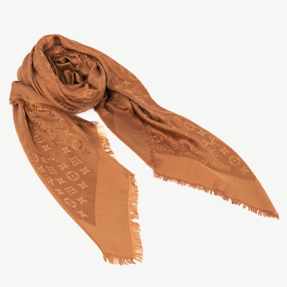 Louis Vuitton Camel Silk & Wool Monogram Fringe Shawl - Picture 1 of 5